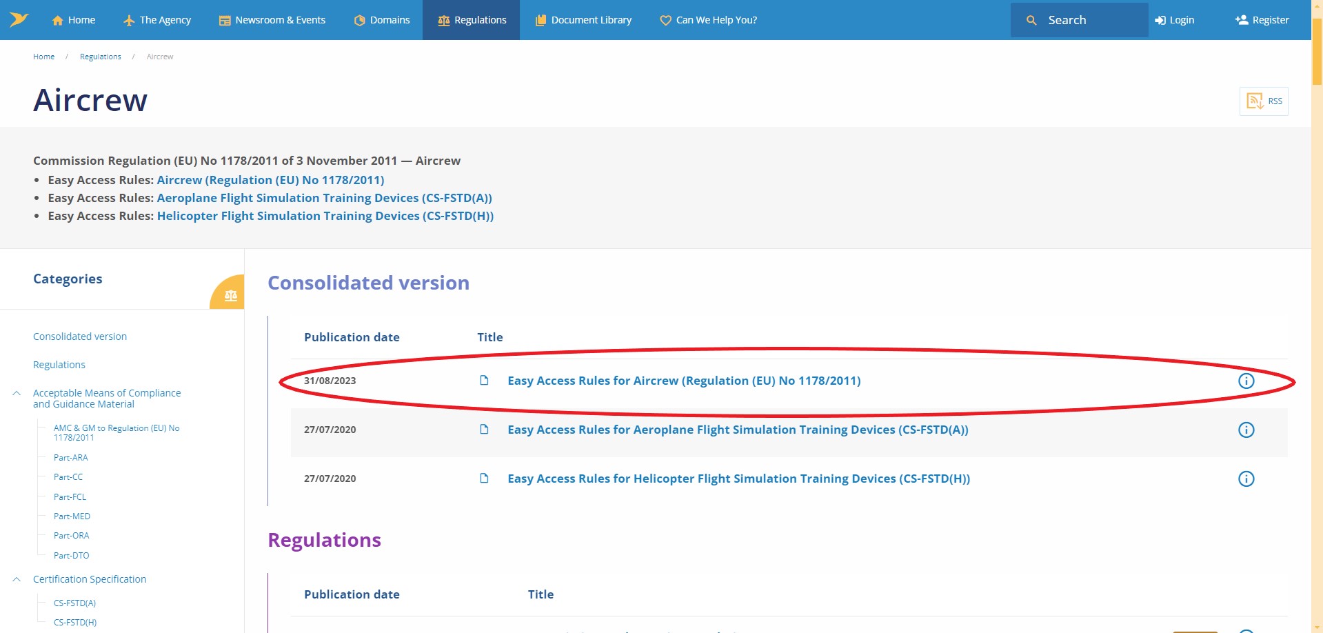 This opens the option to select the Easy Access Rules for Aircrew (Regulation (EU) No 1178/2011).